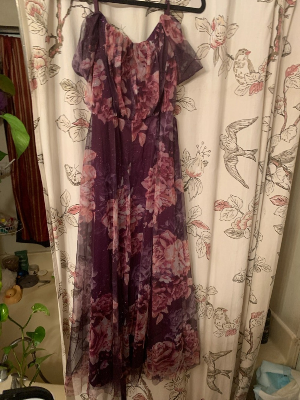 Chocolate Purple Floral Off-Shoulder Maxi with Pink Blooms